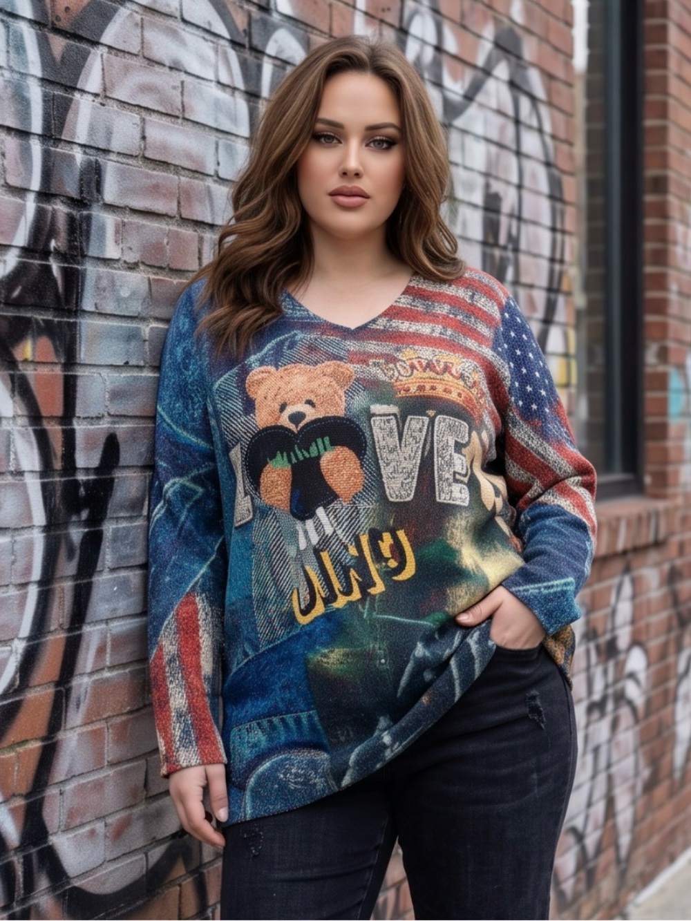 Unbranded Womens 3XL Oversized Patchwork Teddy Bear Graphic V-Neck Sweater NWOT